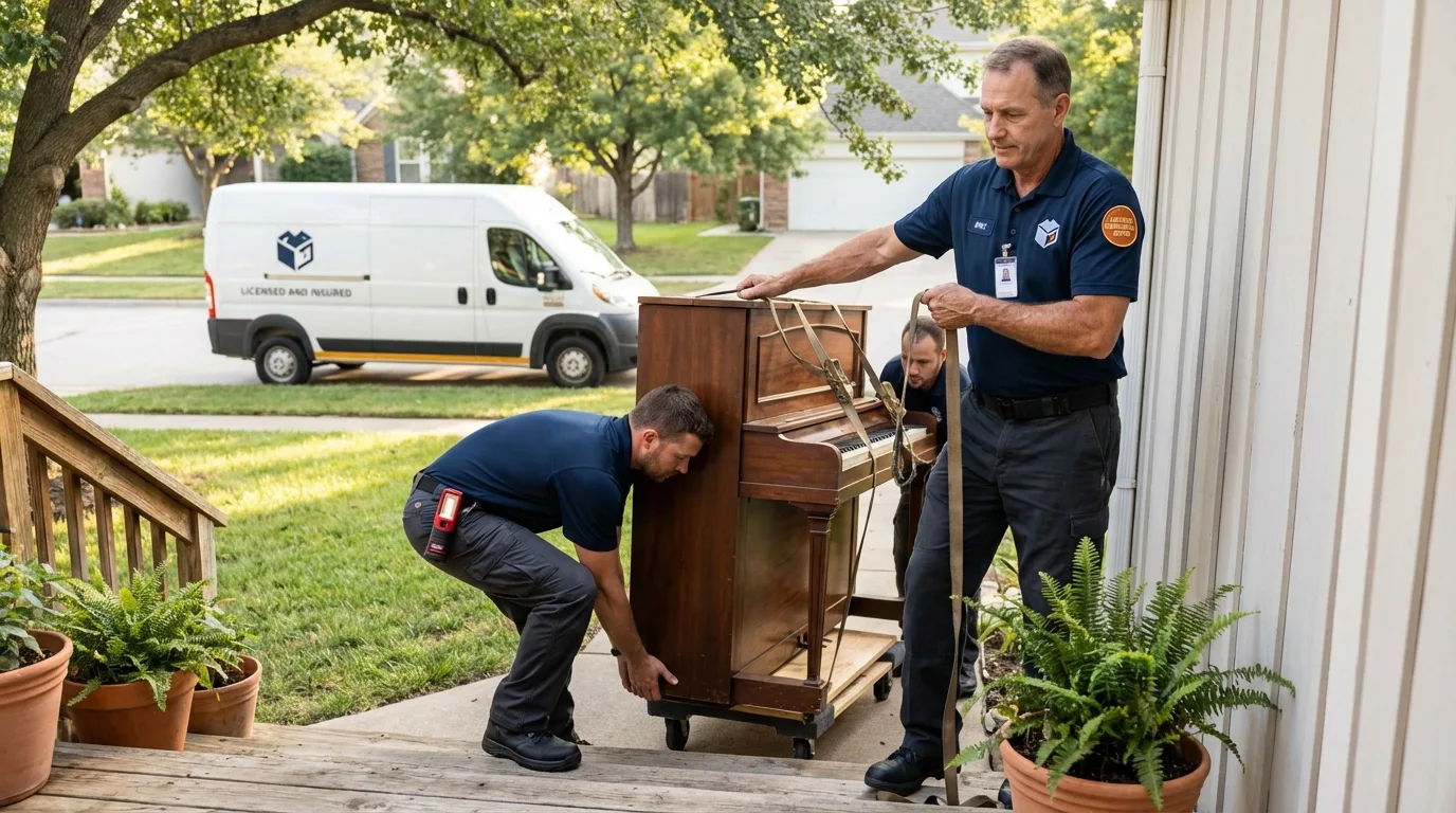Licensed piano movers securing grand piano in Chippewa Falls, WI
