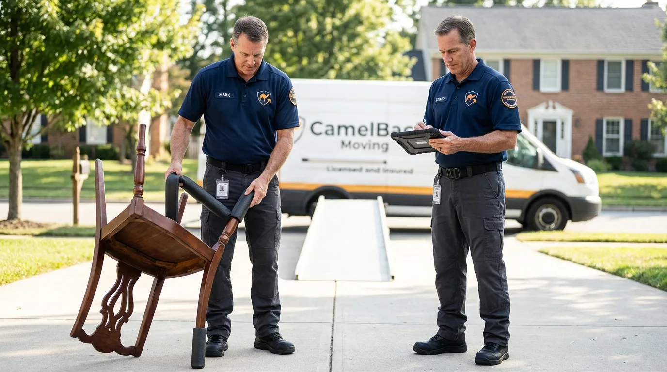 Movers inspecting furniture for damage prevention before loading in Chippewa Falls, WI