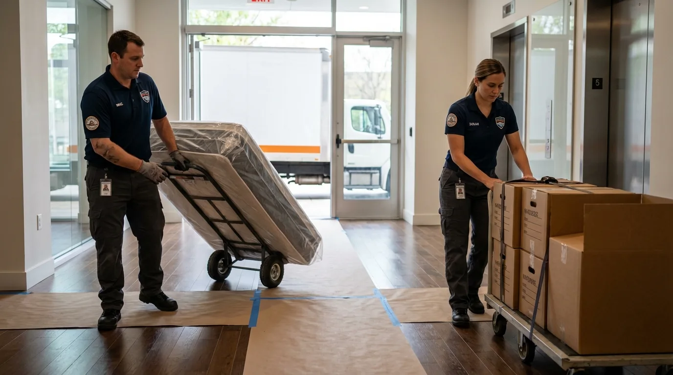 Professional apartment movers loading elevator in Chippewa Falls, WI