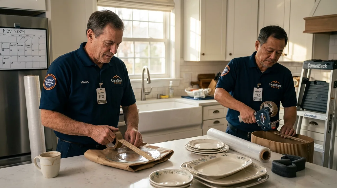 Professional crew packing kitchen dishware in Chippewa Falls, WI